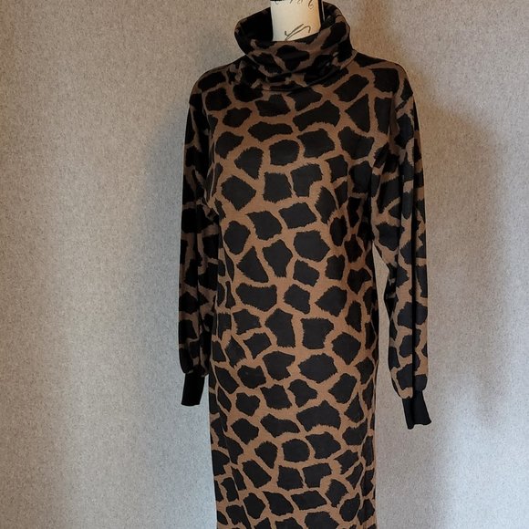 Vintage Gold Worm France 100% Wool Leopard Sweater Dress Turtle Neck Brown - Picture 1 of 9